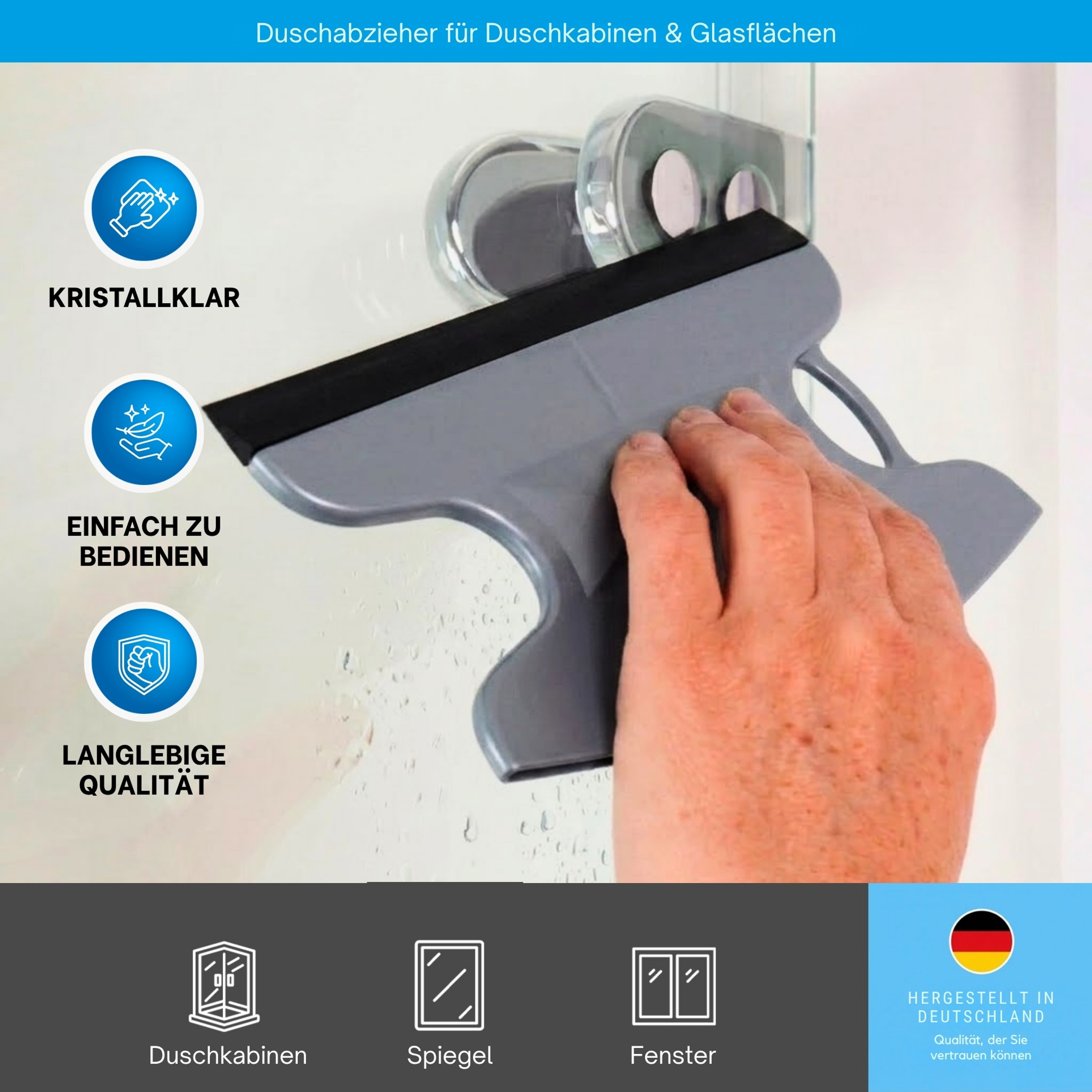 Dusbad Glas&Duschabzieher für Duschkabinen gerade|rund grau MadeInGermany