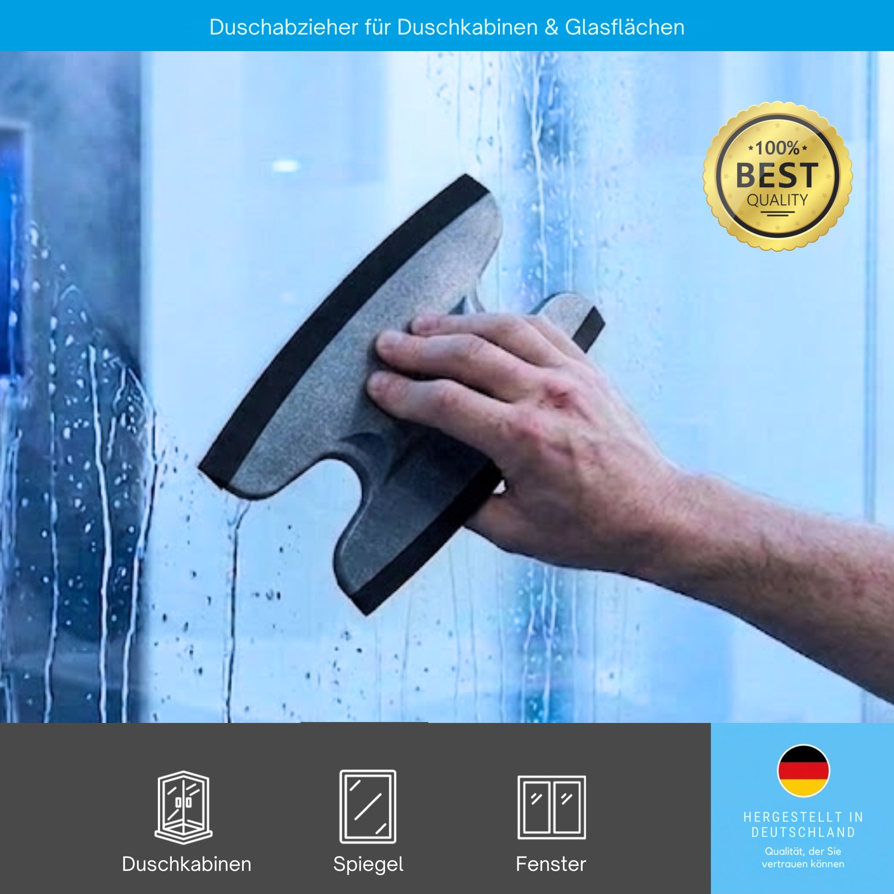 Dusbad Glas&Duschabzieher für Duschkabinen gerade|rund grau MadeInGermany