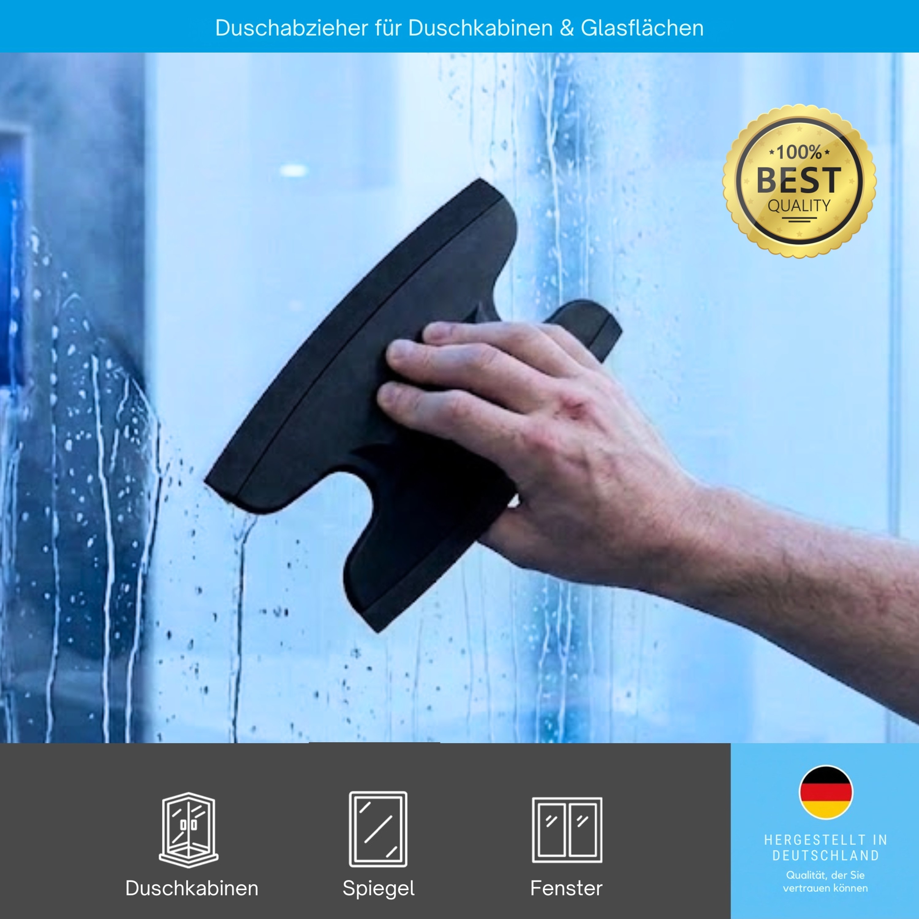 Dusbad Glas&Duschabzieher für Duschkabinen gerade|rund schwarz MadeInGermany